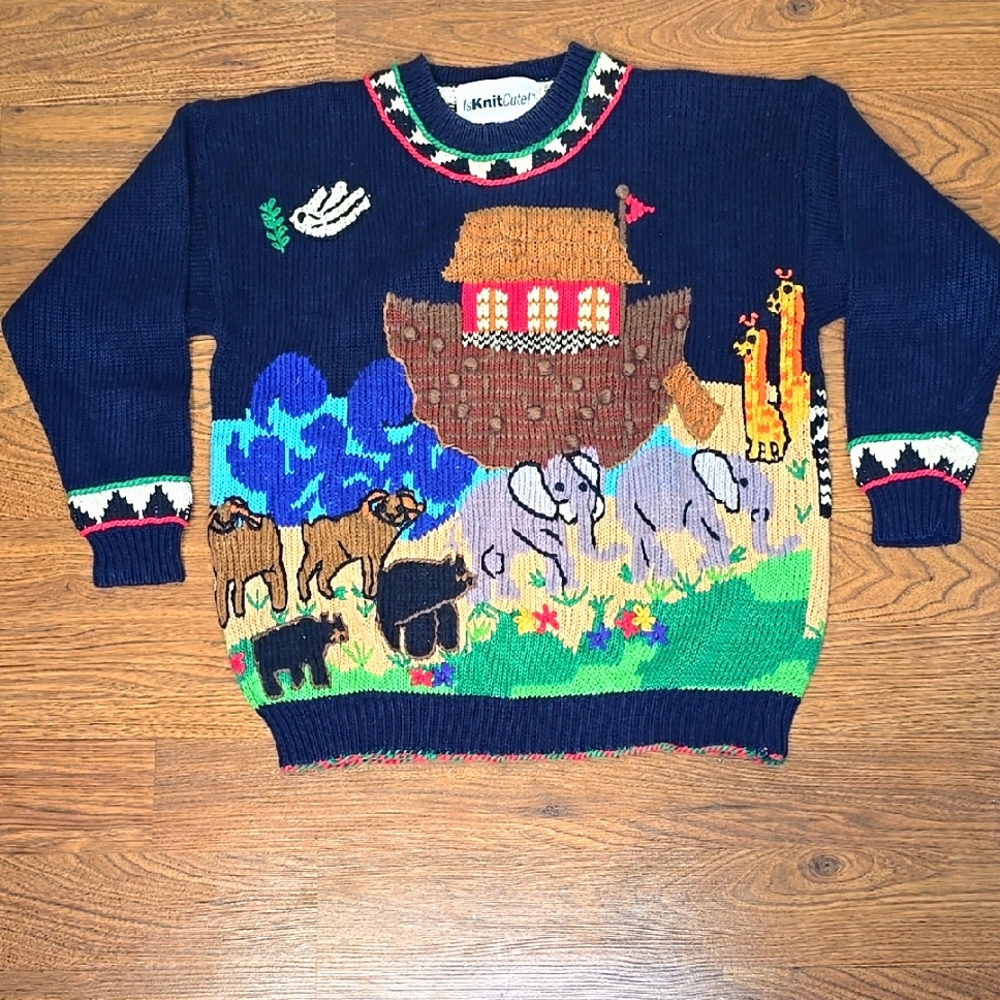 IsKnitCute Handknit Noahs Ark Sweater Rainbow Animals Vintage Easter Cottagecore
